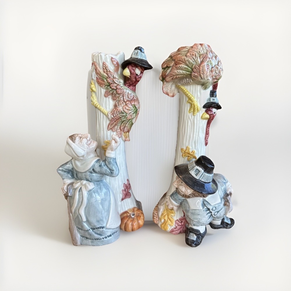Fitz & Floyd Pilgrims Progress 1990 Candlesticks Candle Holders Set Thanksgiving